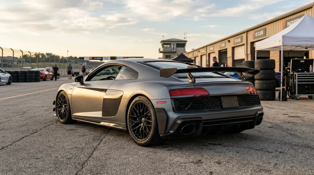 Audi R8 GT rear-wheel-drive supercar drifting on a race track corner