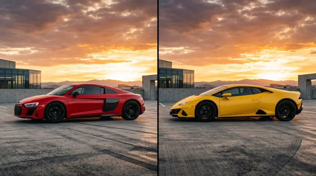 Red Audi R8 and yellow Lamborghini Huracan parked side by side at sunset