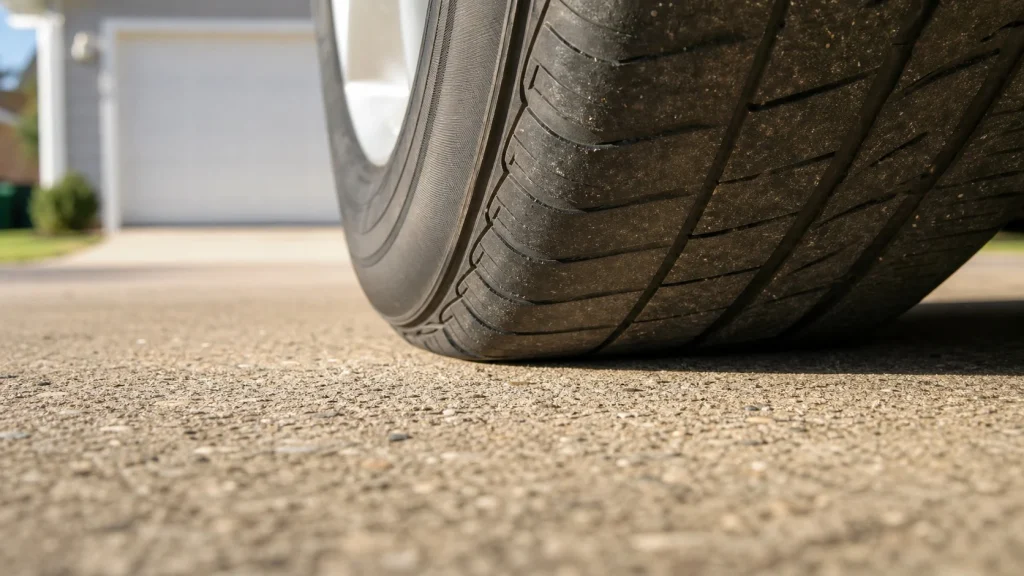 Close-up of a car tire parked on pavement showing contact patch pressure