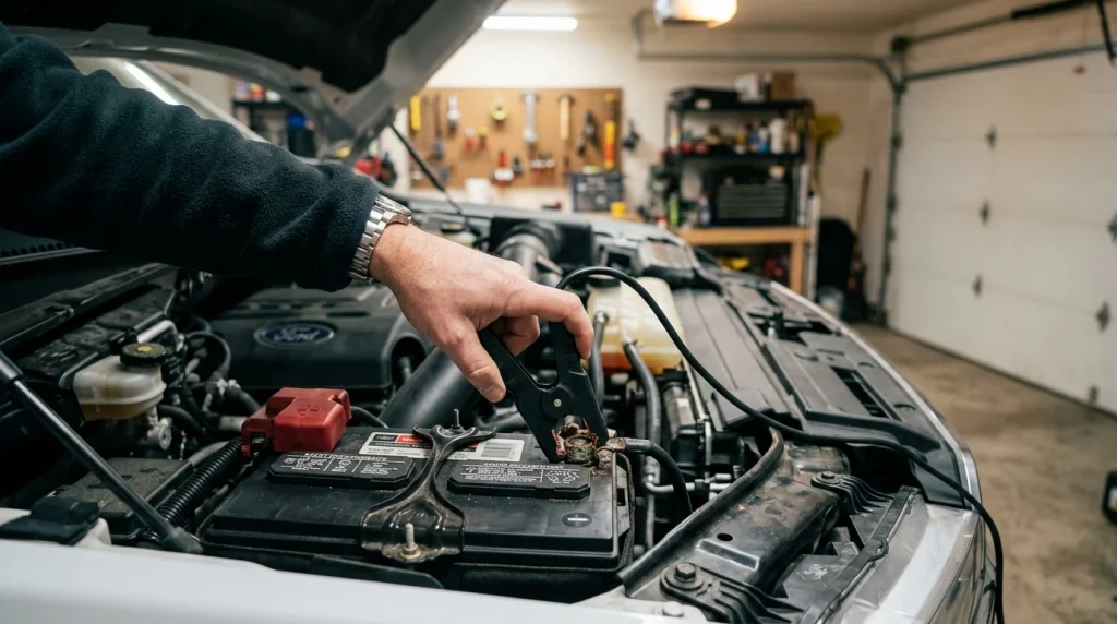 Hand connecting a trickle charger battery maintainer to a car battery