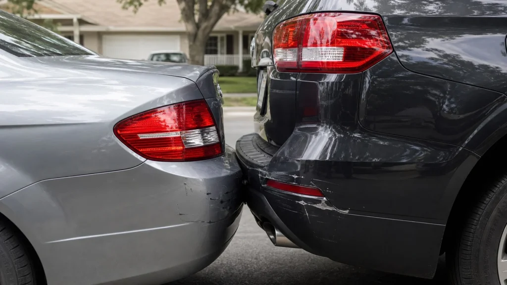 A close-up of a minor car bumper collision on an American suburban street.