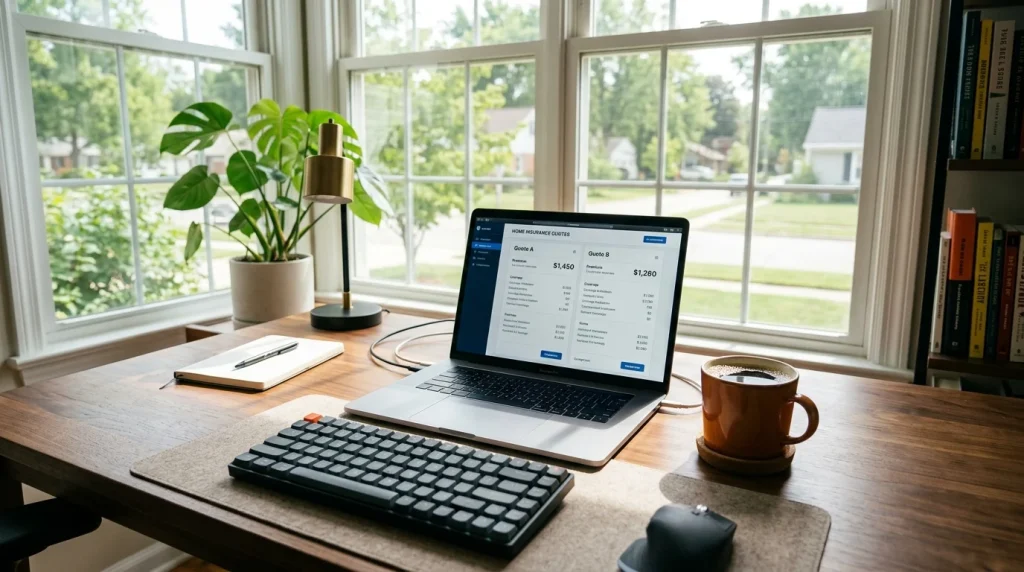 A laptop displaying side-by-side auto insurance price comparisons on a wooden desk.