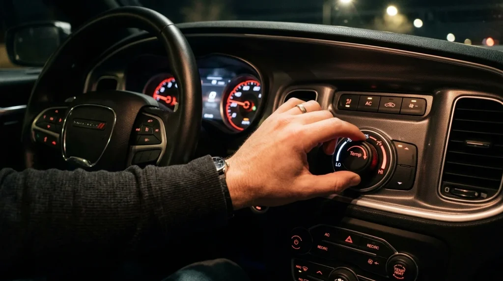 A car dashboard showing the temperature gauge needle resting at the cold mark