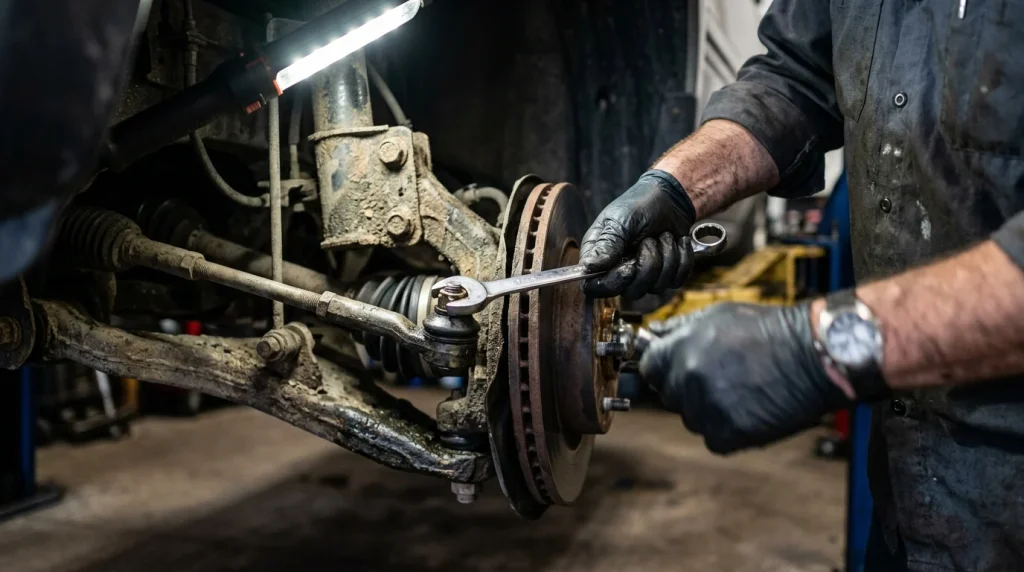 Mechanic adjusting the front toe angle by turning a steering tie rod adjustment bolt on the vehicle undercarriage.