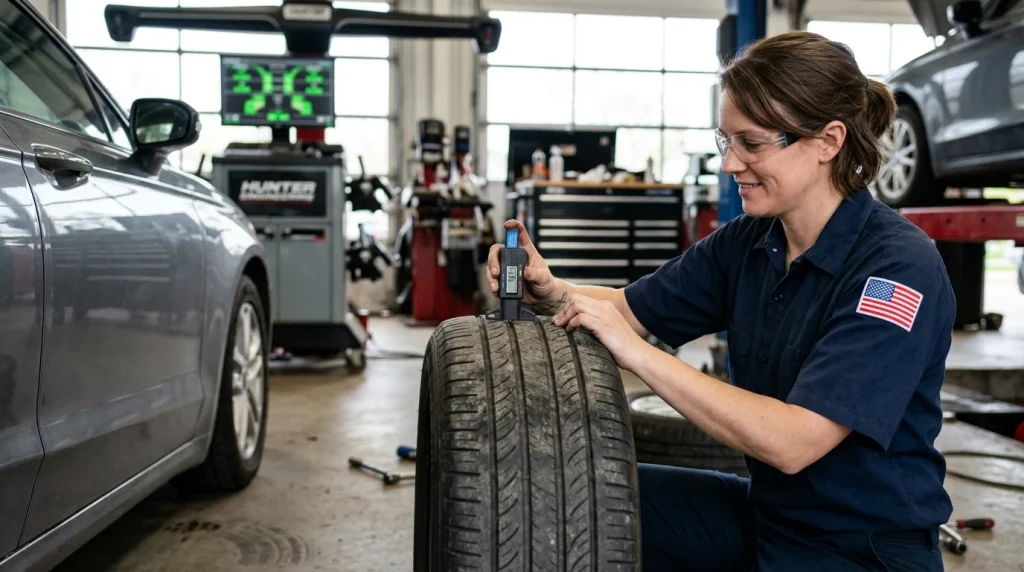 Automotive technician checking tire tread wear patterns before starting a wheel alignment service.
