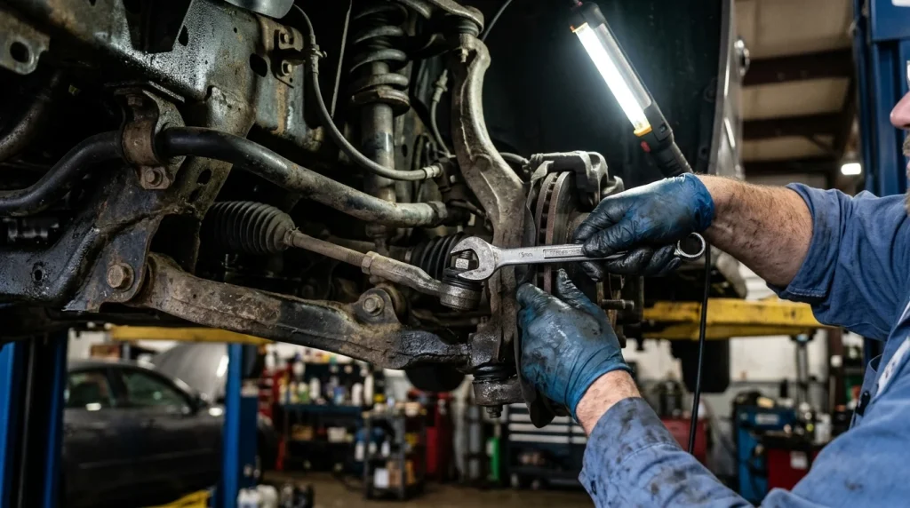 Mechanic adjusting the front toe angle by turning a steering tie rod adjustment bolt on the vehicle undercarriage.