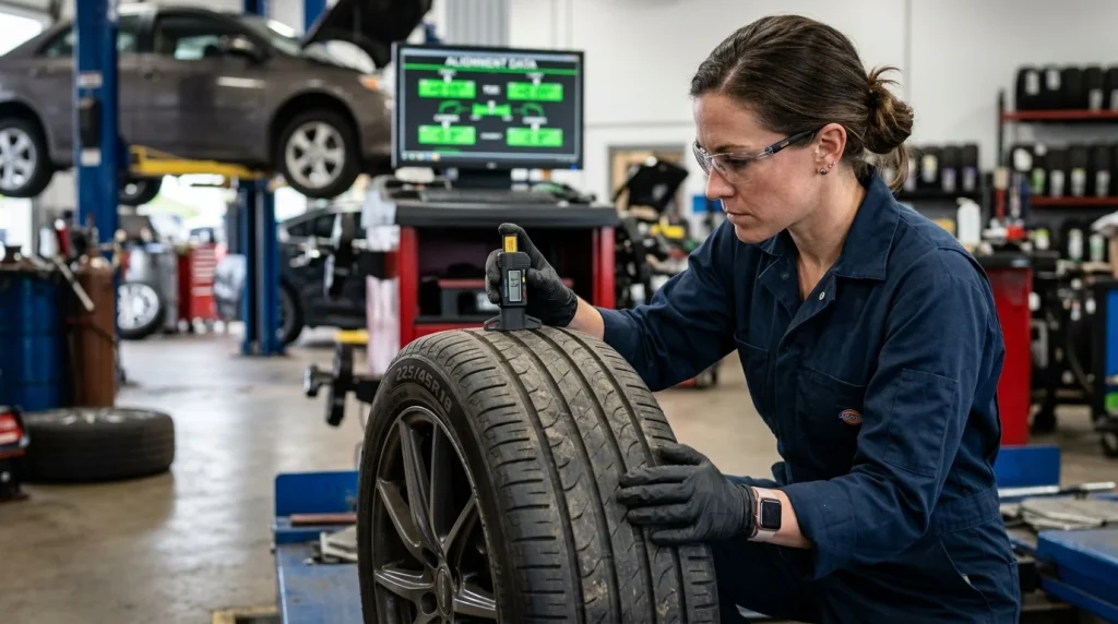 Automotive technician checking tire tread wear patterns before starting a wheel alignment service.