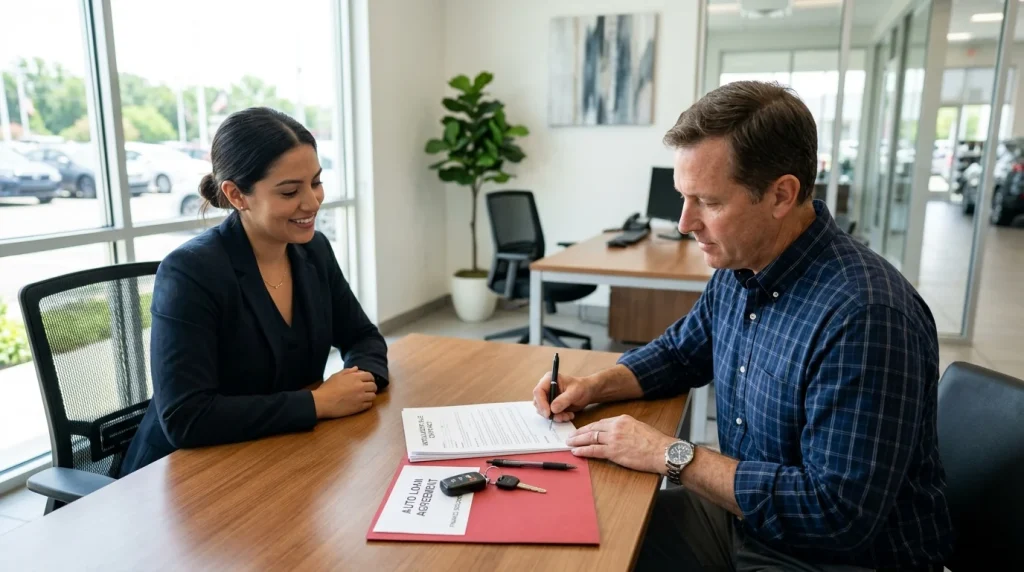 A customer signing auto loan documents at a car dealership.