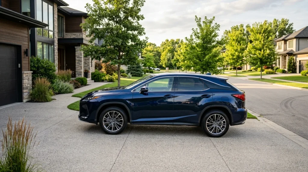 A new car parked in a suburban driveway after purchase.