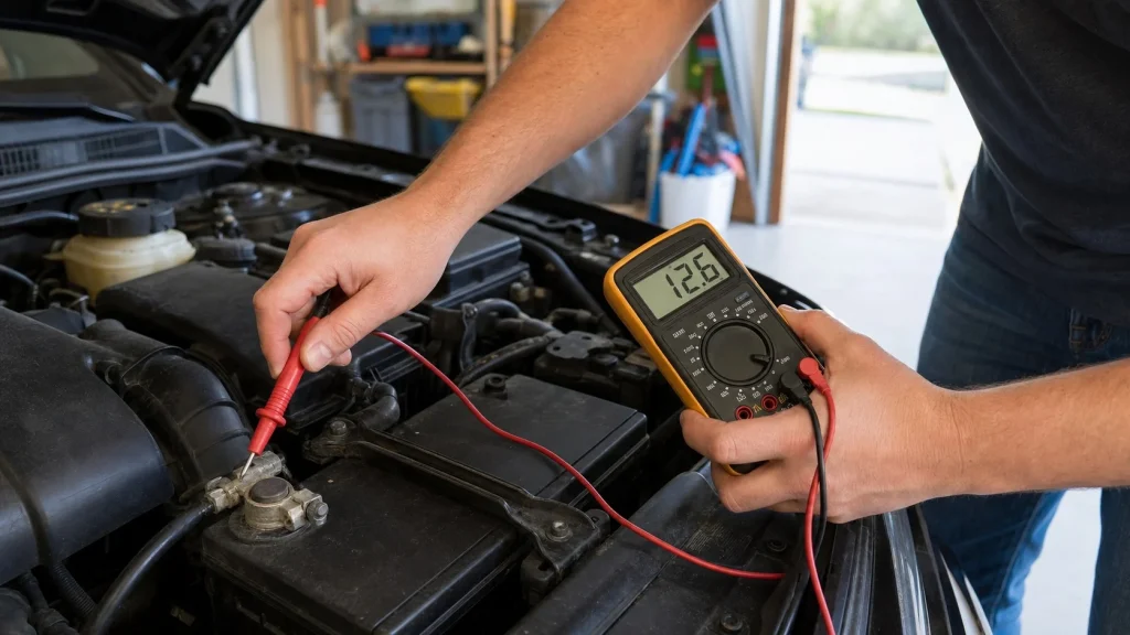 How Long Does It Take to Charge a Car Battery? (Complete Guide) 3 Measuring a car battery voltage with a digital multimeter