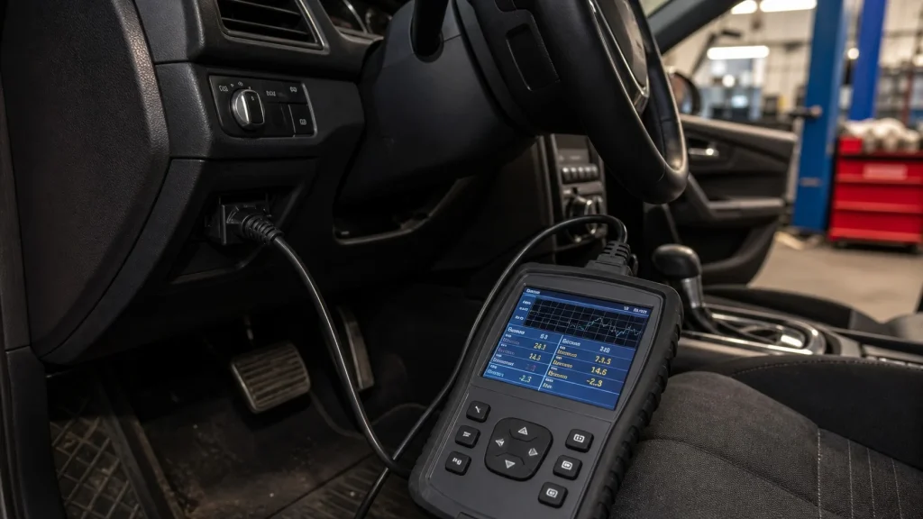An OBD-II diagnostic tool plugged into a car's dashboard port to run an emissions check