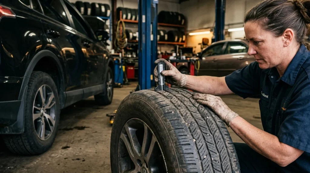 A close-up of a mechanic checking tire tread depth using a digital depth gauge