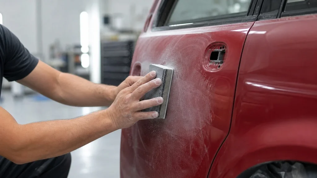 Detailed block sanding of a red car door panel during the preparation stage.