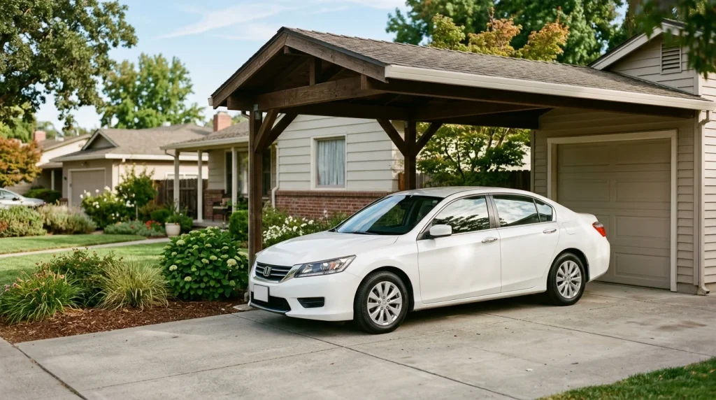 A clean and glossy white car parked in an American driveway after paint curing is complete.