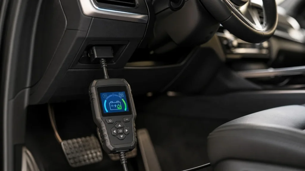 How Long Does It Take to Replace a Car Battery? (2026 Guide) 4 An OBD2 diagnostic scan tool registering a new battery in a BMW car