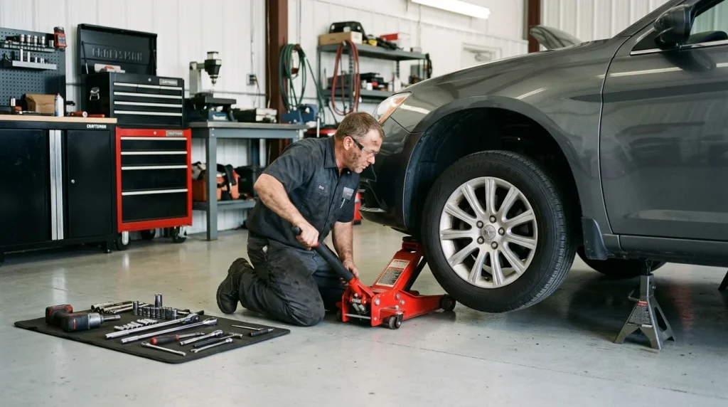 How Long Does It Take to Replace a Car Battery? (2026 Guide) 5 Accessing a hidden car battery behind the front wheel well of a Chrysler sedan