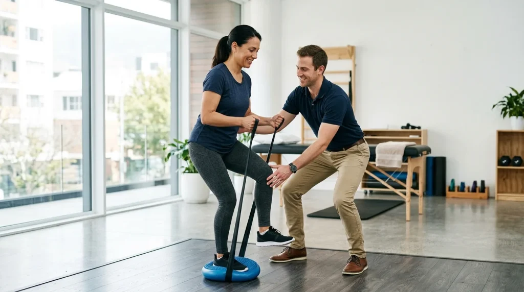 An injured patient working with a physical therapist during recovery to reach Maximum Medical Improvement.