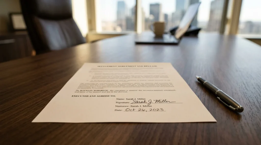 A signed settlement release agreement form resting on a wooden desk next to a pen.