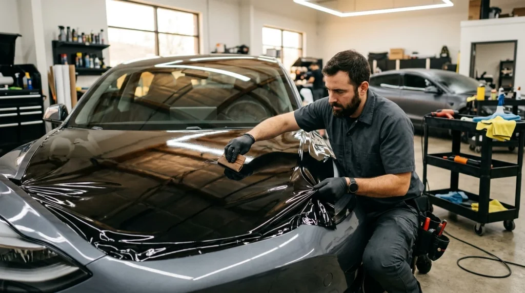 A professional technician applying black vinyl wrap to a car hood inside a detailing shop.