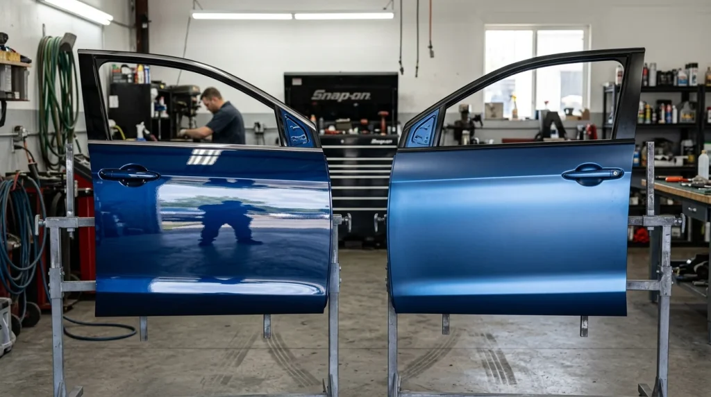 Side by side comparison of a painted car panel and a satin blue vinyl wrapped panel.