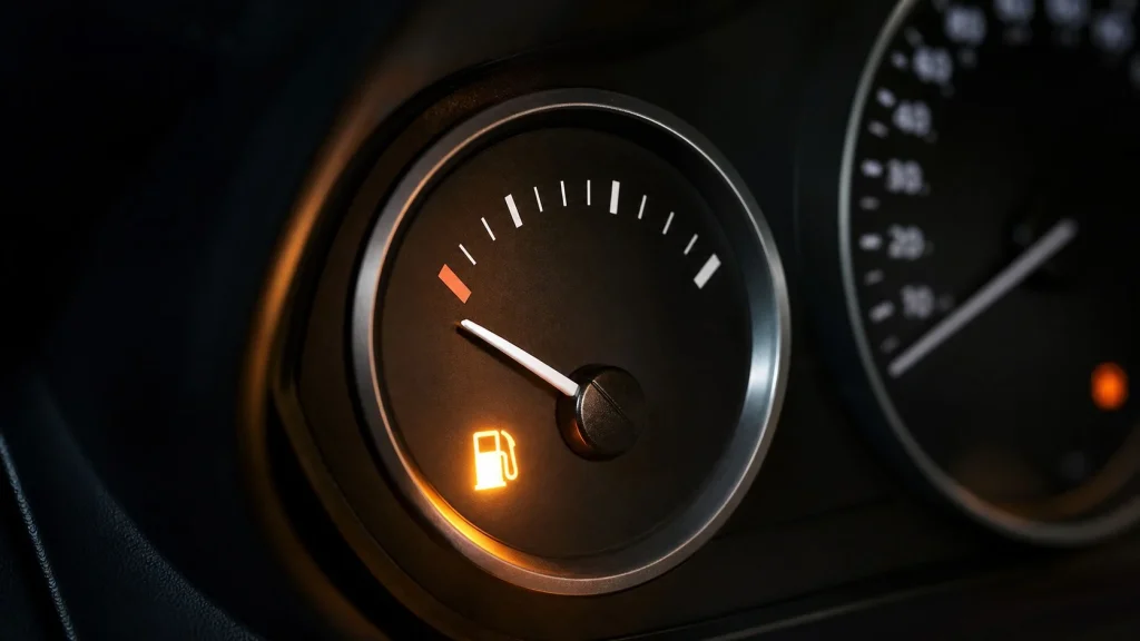How Many Gallons of Gas Does a Car Hold? (Average Size by Vehicle Class) 3 A vehicle dashboard fuel gauge displaying low fuel level with the warning light illuminated.