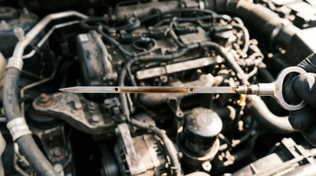 Car engine dipstick showing the correct oil level between the dots
