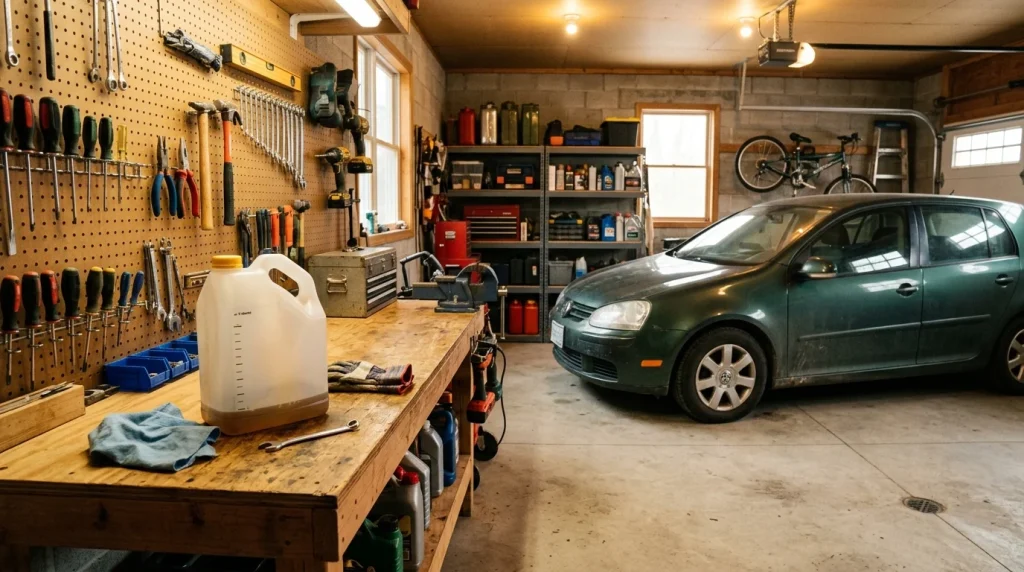 A 5-quart synthetic oil jug and filter on a workbench in a home garage