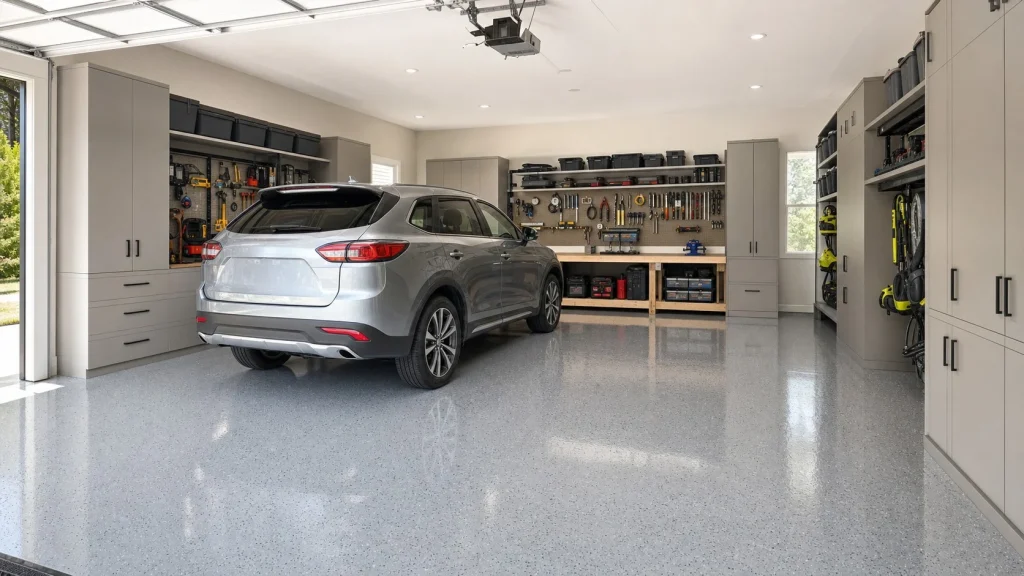 How Many Square Feet Is a 2 Car Garage? Standard Sizes & Costs 3 Organized interior layout of a standard recommended 24x24 feet double garage with storage cabinets and a parked car