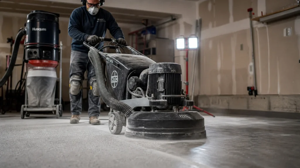 How Much Does It Cost to Epoxy a 2-Car Garage? (2026 Guide) 3 A professional contractor preparing a garage floor concrete slab using a diamond grinding machine.