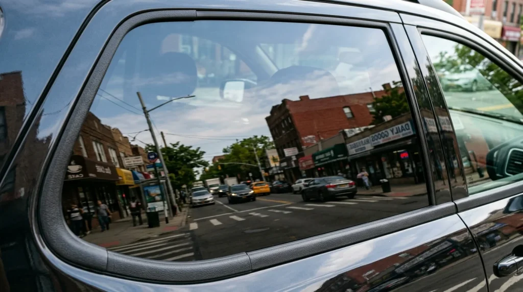 Dark carbon window tint reflecting street view on an SUV side window.