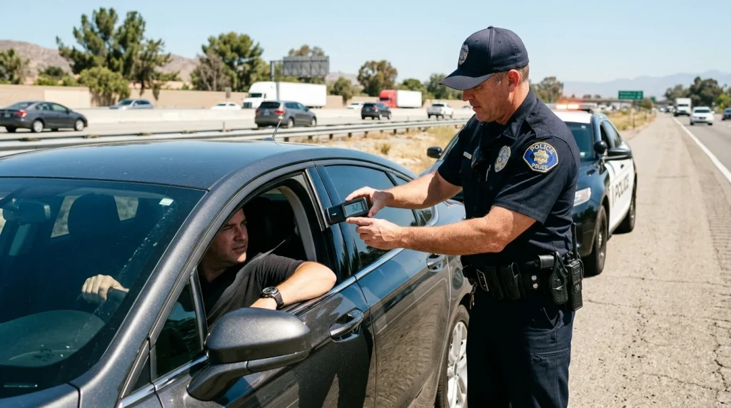 Police officer measuring Visible Light Transmission percentage of car window tint.