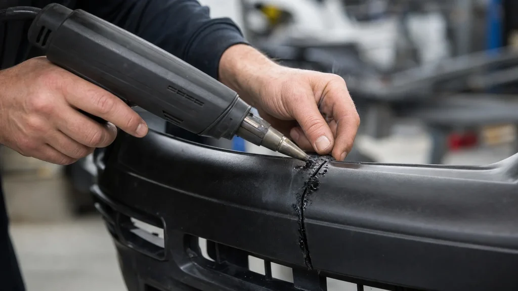 How Much Is It to Fix a Car Bumper? 2026 Cost Guide 2 Auto body technician using a plastic welding tool to repair a cracked car bumper cover.