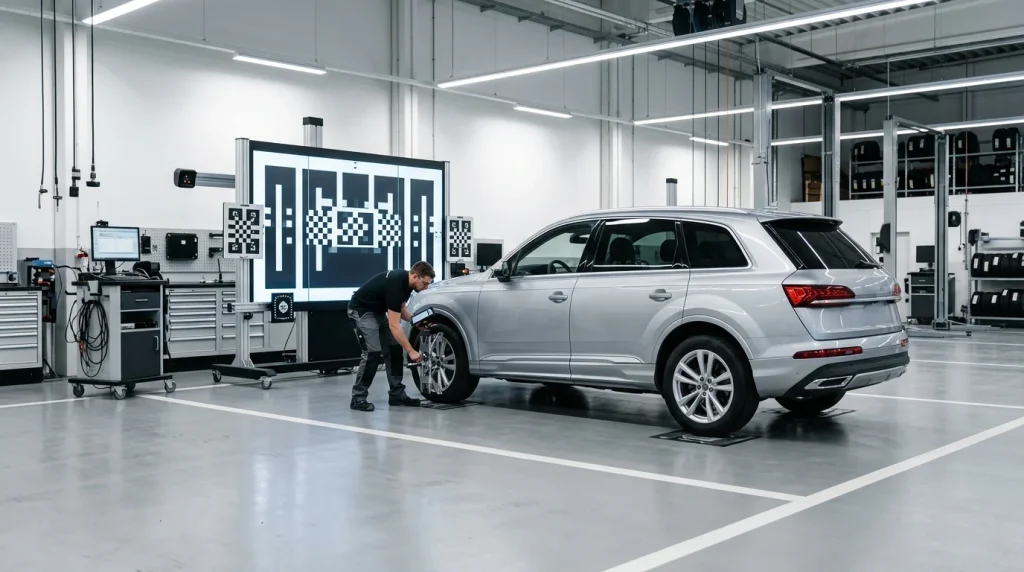 How Much Is It to Fix a Car Bumper? 2026 Cost Guide 3 Technician performing static ADAS calibration and sensor alignment on a vehicle after bumper service.