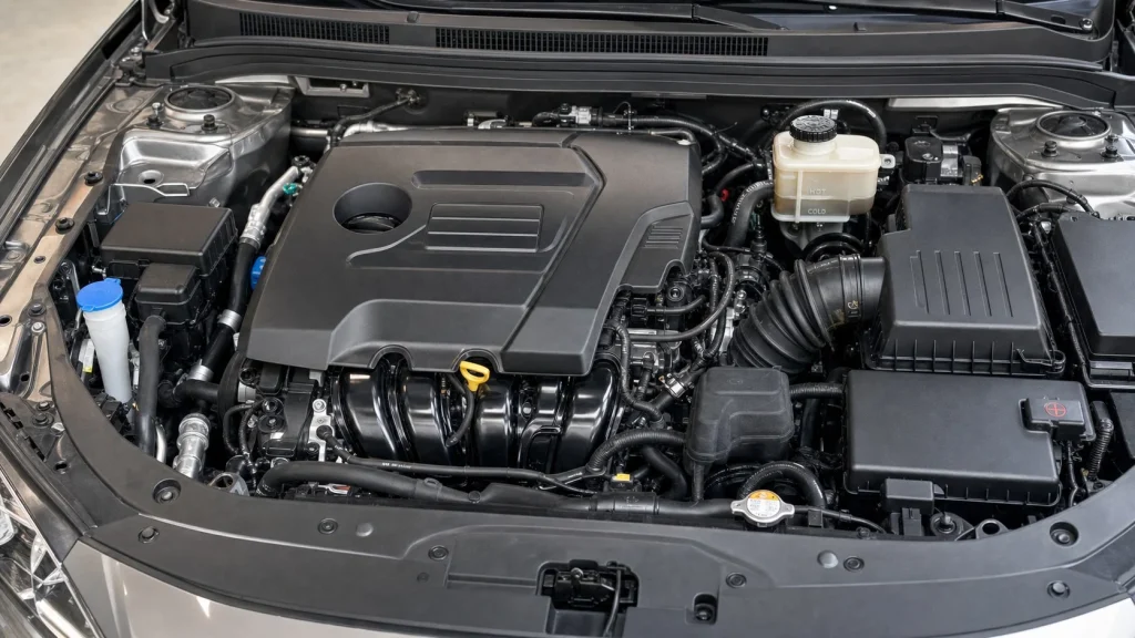 A power steering reservoir showing hot and cold level markings