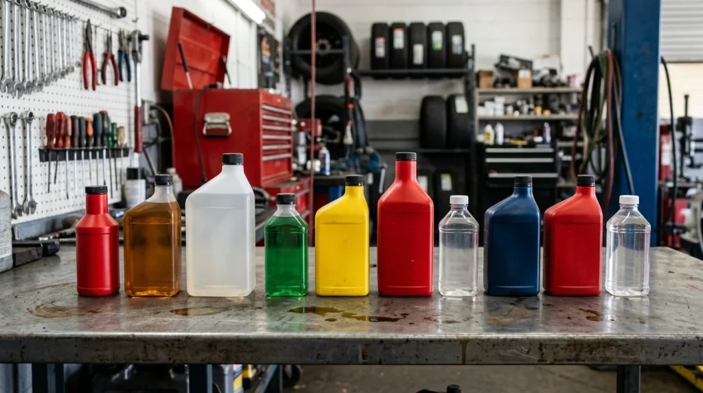 Various bottles of power steering fluid and transmission fluid on a workbench