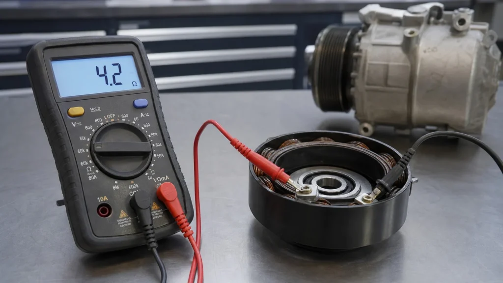 Multimeter displaying a resistance reading on a car AC compressor clutch coil.