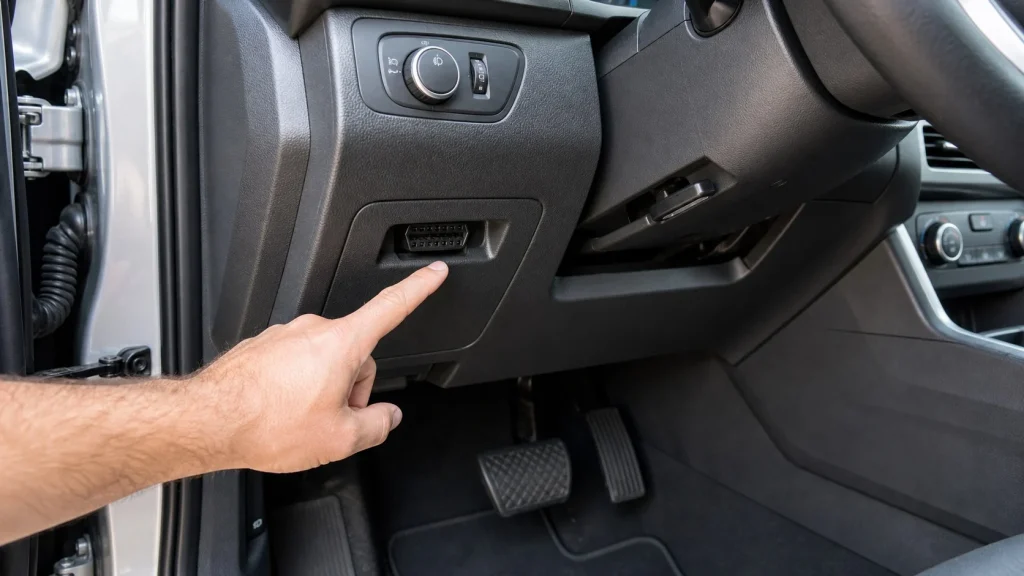 The OBD-II port under a car dashboard where plug-in GPS trackers are commonly installed.