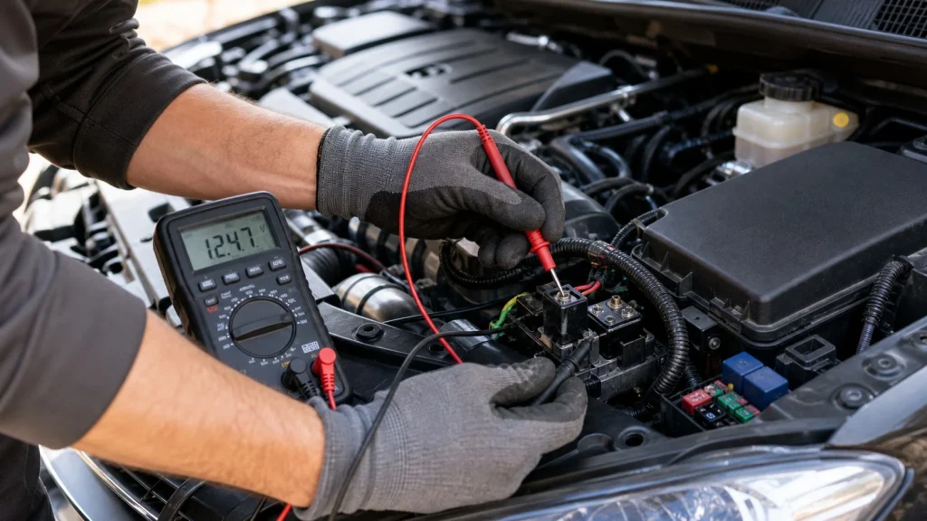 Automotive technician testing car AC electrical compressor relay.
