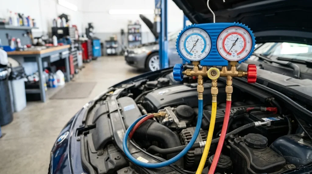 Manifold gauge set measuring car air conditioning system pressures.