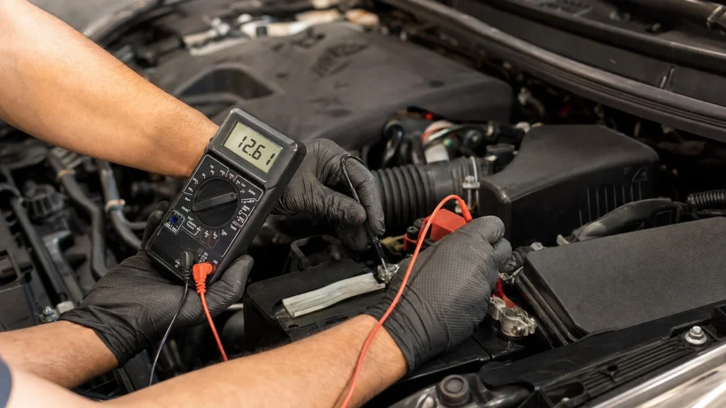 How to Fix Audi Drive System Malfunction: Steps, Causes, and Costs 2 Testing battery voltage to fix drive system malfunction in an Audi car. Caption: Testing the 12V battery voltage using a digital multimeter in the engine bay of an Audi.