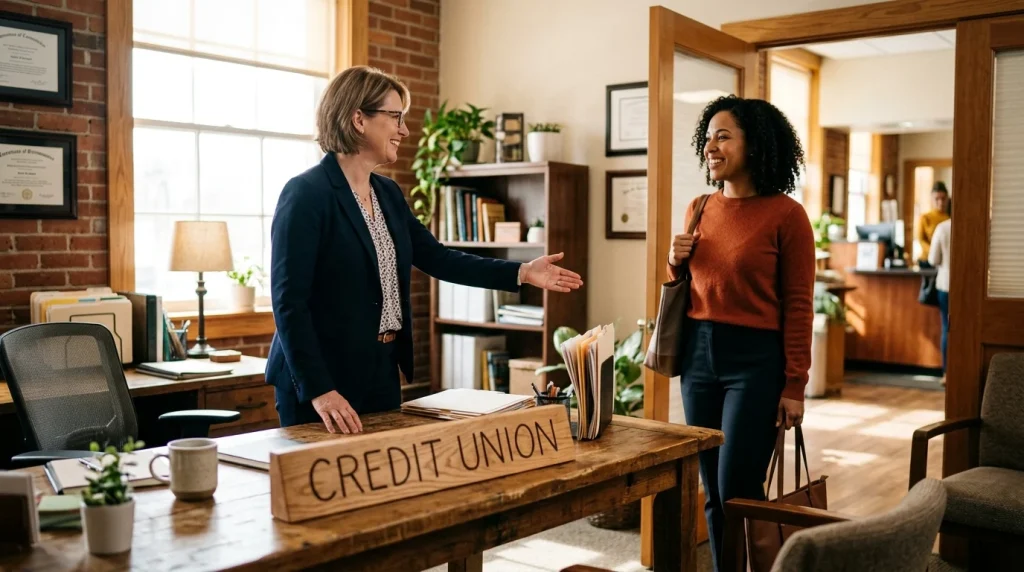 A loan officer consulting a buyer about credit union auto financing options.