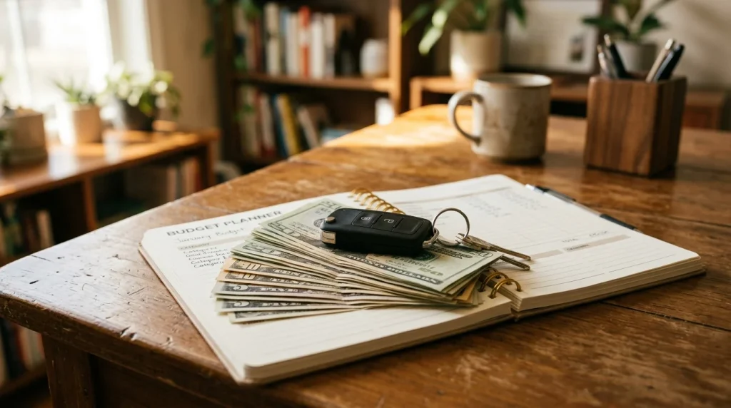 A car key placed on top of savings cash and a financial budget planner.