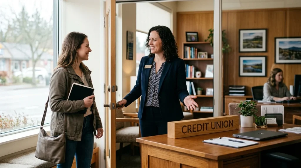 A loan officer consulting a buyer about credit union auto financing options.