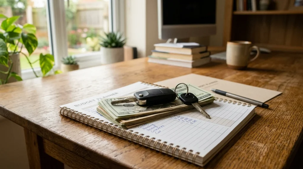 A car key placed on top of savings cash and a financial budget planner.