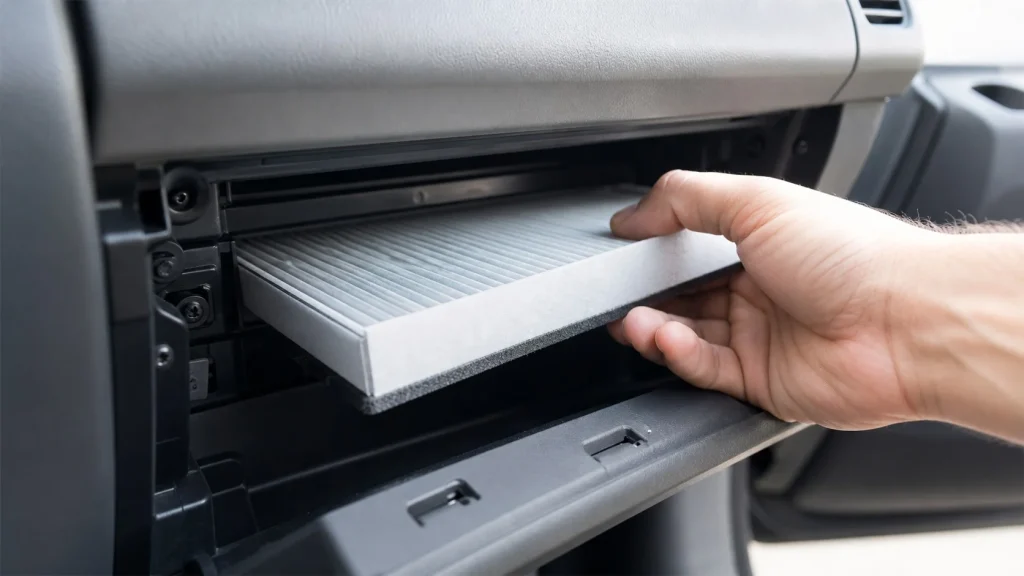 A person replacing a car cabin air filter behind the glove box to eliminate smoke odors.
