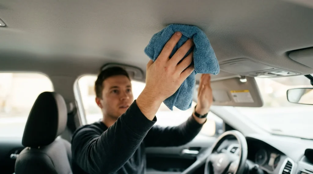 A detailer cleaning a car headliner fabric gently using a microfiber cloth.