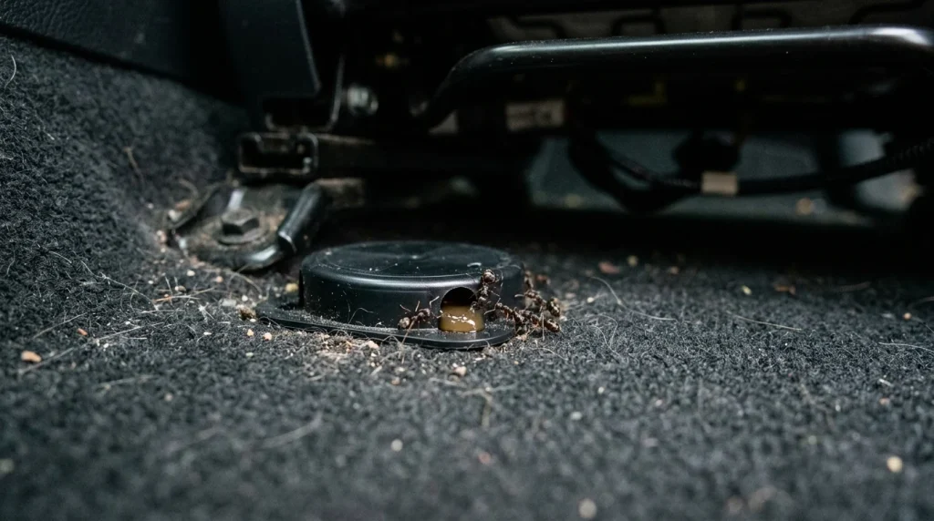 A gel ant bait station placed on a car floor under a seat to eliminate the colony