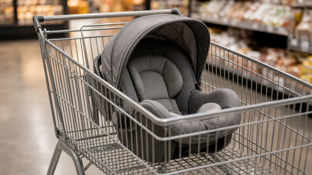 An infant car seat placed flat inside the main metal wire basket of a shopping cart.