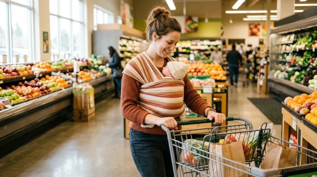 A mother babywearing her newborn baby in a wrap carrier while shopping in a grocery store.