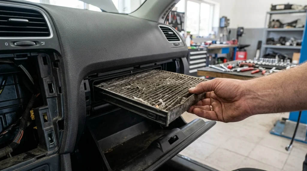 A mechanic replacing a dirty cabin air filter in a car.